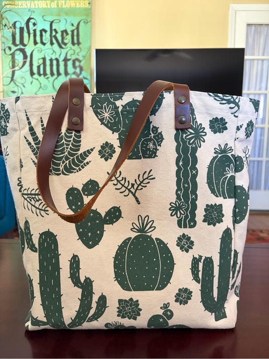 Seltzergoods Handbags - Canvas Cactus Print Tote with Brown Leather Straps